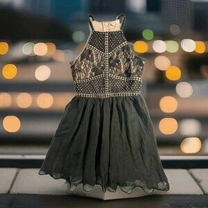 Francesca's Womens Lace Overlay Dress Fit Flare Pleated Mini Black Size Medium